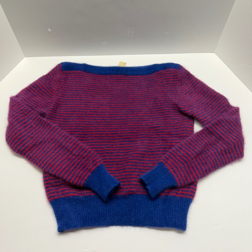 Vintage Casual Corner Striped Angora Lambswool Boat Neck Sweater Blue Red Size M